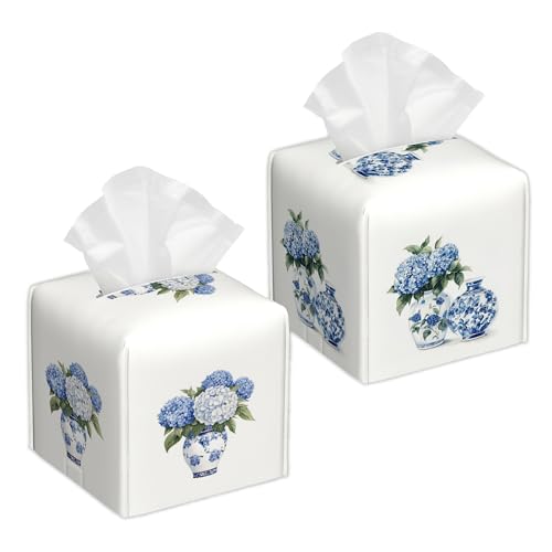 2 Pcs Tissue Box Cover Square Leather Tissue Case Holder Facial Paper Organizer Decorative for Bathroom Kitchen Car Office Home Decor (Blue and White Porcelain) - color: Blue and White Porcelain