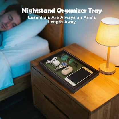 Wooden Valet Tray with Leather Base - Nightstand Catchall Organizer for Cologne, Perfume, Keys, Wallet, Phone, Watch, Jewelry & Sunglasses (Green) - color: Green