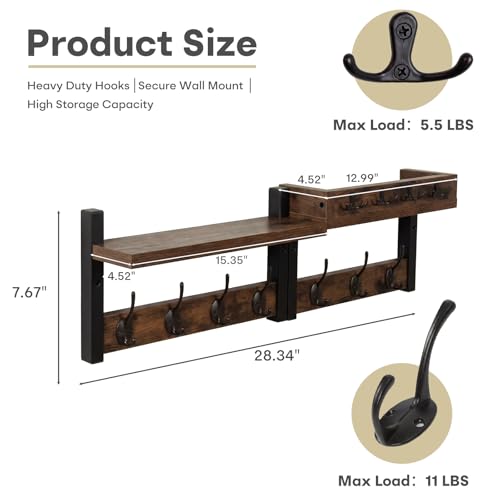 Coat Rack Wall Mount with Shelf & Mail Organizer,29 Inch Wall Shelf with 7 Coat Hooks and 4 Key Hooks for Entryway,Living Room,Bedroom,Offices(Rustic Brown) - color: Rustic Brown