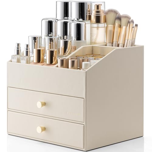VLANDO 3-Layer Makeup Organizer with 2 Large Drawers for Vanity,Beige | PU Leather Perfume Organizer with Removable Lipstick Holder,Lotions,Brushes Storage,Home Decor,Gifts Ideas - color: Beige, size: 3 Layer