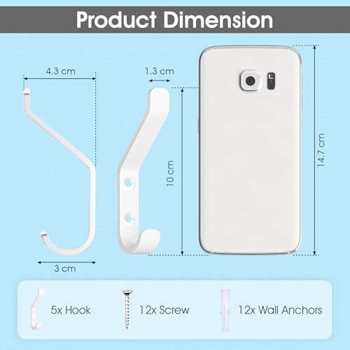 GlazieVault Coat Hooks – Door Hooks (5 Pack) -Heavy Duty Wall Mounted - Premium Design Rust Free Hooks - style: Flat Hooks White P-05