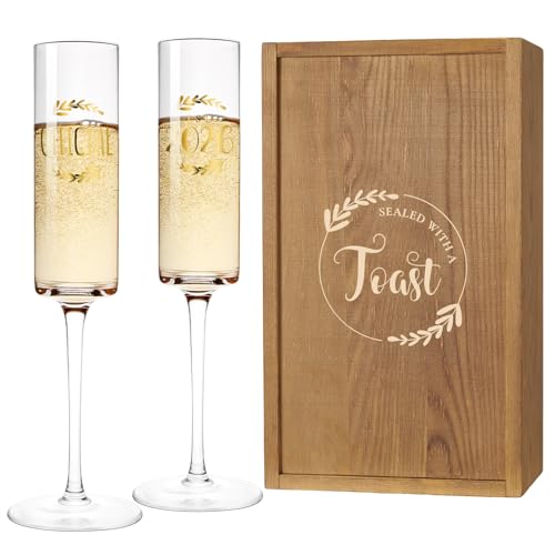 AW BRIDAL Engagement Champagne Flutes Set of 2 with Wooden Keepsake Box | Wedding Gifts for Couples 2026, Newly Engaged Gift, Toasting Glasses for Bride and Groom, Bridal Shower Gifts for Bride - color: Official & 2026（Brown）, size: Set of 2（Wooden box）