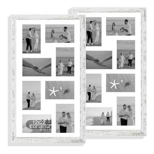 Hongkee 12x22 Picture Frame Set of 2, Distressed White with Glass Collage Frame, Display Eight Opening 4x6 Photos With Mat or 12 x 22 Newspaper Without Mat - Horizontal or Vertical Wall Mounting - color: Distressed White, size: 12x22 in matted to 8-4x6