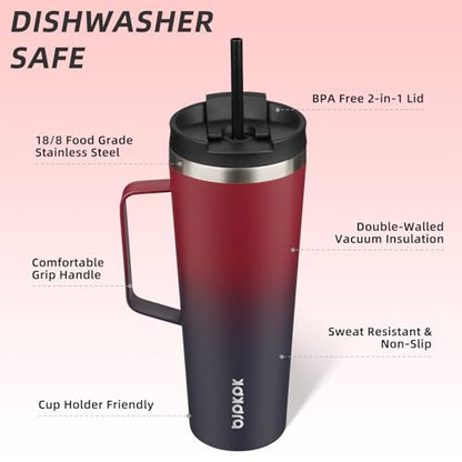 BJPKPK 26oz Insulated Tumbler with Handle, Lid & Straw, Stainless Steel | Double Wall Vacuum Insulated Coffee Travel Mug - Keeps Cold & Hot, BPA Free, Cupholder Fit for Office, Gym & Travel - color: Charming Red, size: 26 Ounces