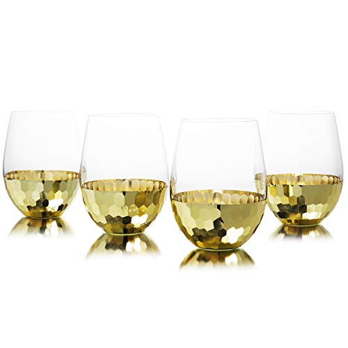 MyGift Modern Stemless Champagne Flute Glass Set of 4 Party Drinkware, Cocktails Prosecco Mimosa Glasses with Hammered Brass Plated Bottoms (Brass-Short) - color: Brass-Short