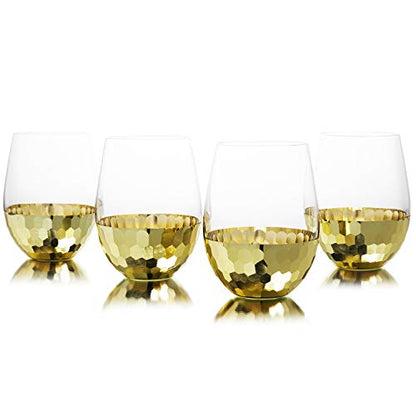 MyGift Modern Stemless Champagne Flute Glass Set of 4 Party Drinkware, Cocktails Prosecco Mimosa Glasses with Hammered Brass Plated Bottoms (Brass-Short) - color: Brass-Short