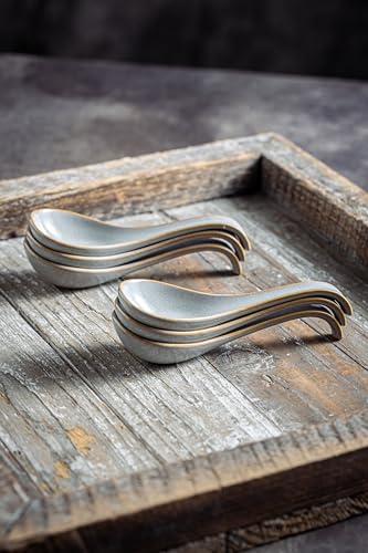 LYEOBOH Ceramic Asian Soup Spoons Set of 6, Ramen Spoons with Long Handle | Japanese Ramen Spoons with Deep Hook Design for Miso Rice, Chinese Soup Spoons for Kitchen, Dishwasher Microwave Safe, Gray - color: Gray