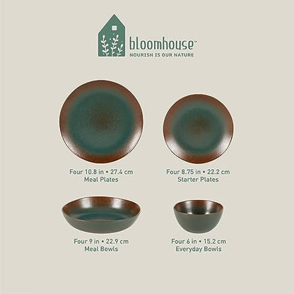 Two Time Oprah's Favorite Things Winner - Palermo Sun Double Bowl Stoneware Reactive Glaze Plates and Bowls Dinnerware Set - Agave Blue, Service for Four (16pcs) - color: Agave Blue