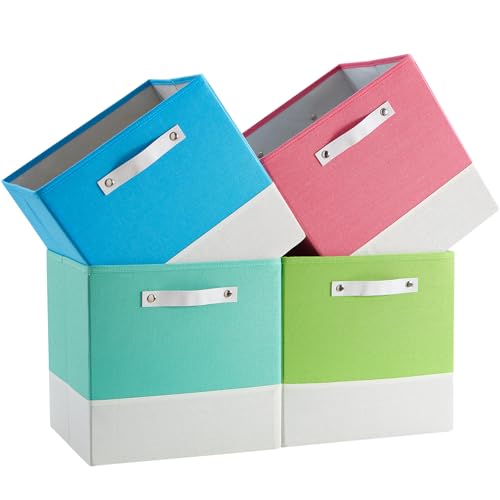 Cube Storage Bins | 13"x15"x13", Macaron & White, 4 Pack | Multi-Size | 2X Thick Support Board | Vegan Leather Handles | 7.7 oz/yd² Fabric | Drawer Insert Basket Fits KALLAX - color: Macaron, size: 13"x15"x13"