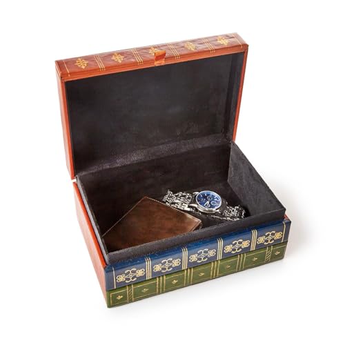 Two's Company Tri-Color Spine Rectangle Book Hinged Keepsake/Storage Box, 3.75-inches Height, Multicolor, Leather