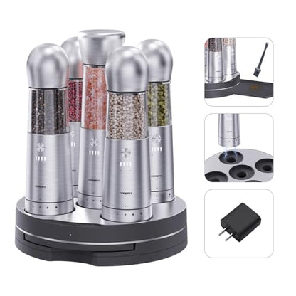 COSPRO Electric Salt & Pepper Grinder Set of 5 | Wireless Charging | Rechargeable | Stainless Steel | One-Hand Use | Adjustable Coarseness | Easy Clean | Himalayan Salt & Spices - size: Set of 5