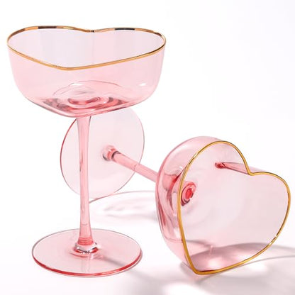 Pink Coupe Glasses Set of 2, Heart-Shaped Martini Glasses with Golden Rim, Fancy Manhattan, Cosmopolitan, Sidecar Cocktail Glassware for Wedding, Mothers Day, Birthdays, Anniversary- 8oz - size: 2 Count(Pack of 1)