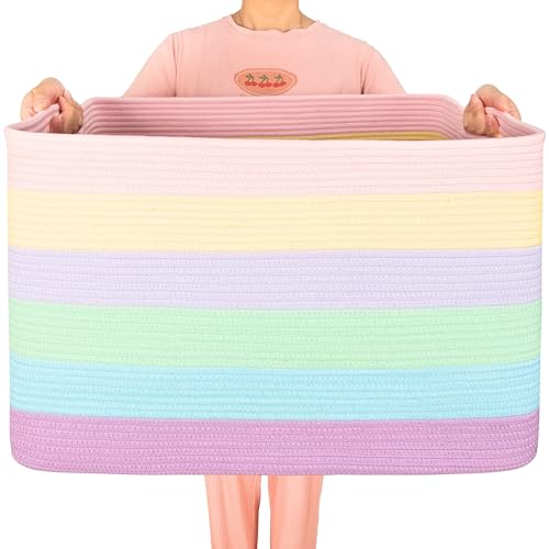 112L Extra Large Blanket Basket Holder Living Room, 25"x17"x16" Rectangle Rope Woven Storage Basket with Handles for Laundry, Towels, Shoes, Dog Toy Organizer Bin Box, Pastel Rainbow
