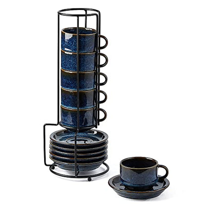 JIEMEI HOME Porcelain Stackable Espresso Cups with Saucers and Metal Stand,4 Ounce Demitasse Cups for Coffee Drinks, Latte, Tea - Set of 6, Stackable Espresso Mugs, Reactive Glaze, Bule - color: Reactive Glaze Blue