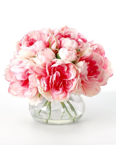 Garvee Artificial Peonies Flowers with Vase, Mixed Pink Silk Peony Bouquet with Faux Water in Glass Vase, Lifelike Fake Peonies Floral Arrangement for Table Centerpiece, Wedding, Home Decor - color: Silk Peony Pink