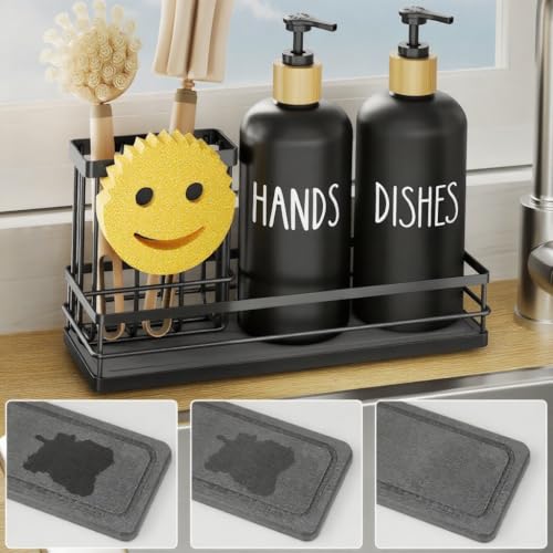 Moforoco Kitchen Dish Soap Dispenser Set, 16OZ Glass Bottle, Hand and Dish Soap Dispenser Set, Instant Dry Tray, Brush Holder with Smiley Face Sponge Holder (Black Tray+Black Bottle) - color: Black Tray+black Bottle