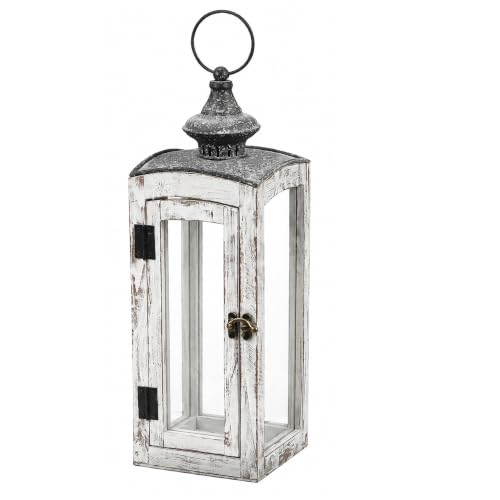 5"x15" Wooden Dome Lantern Made of Solid Fir Wood and Real Glass in Whitewash Finish with Grey Metal Top, Hurricane Lantern, Farmhouse (Whitewash, 5"x5") - color: Whitewash, size: 5"x5"