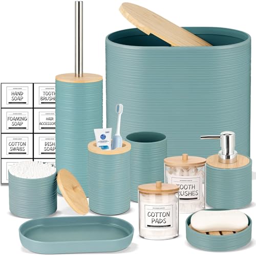 IMAVO Bathroom Accessories Set 11PCS,Complete Bathroom Organizer with Trash Can,Soap Dispenser,Toothbrush Holder,Toilet Brush & Qtip Holders,Modern Plastic Bathroom Decor for Home & Apartment (Blue) - color: Blue, size: 11 PCS Bathroom Set