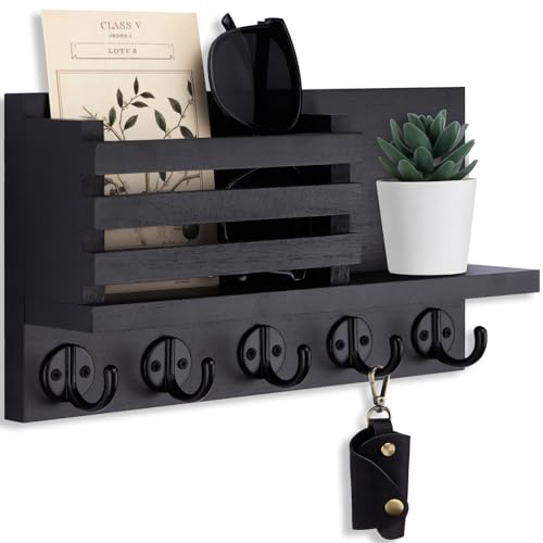 Lwenki Key Holder for Wall – Decorative Wooden Mail Holder and Key Shelf with Mounting Hardware, Installation Guide – Paulownia Wood with Metal Key Hooks (Black, Large - 11.8inch) - color: Black, size: Large - 11.8inch