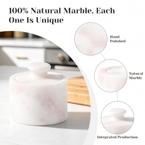 Marble Salt Cellar with Lid, Stone Pepper Container & Spice Jars | 3.5" Marble Salt and Pepper Holder, Stone Storage Box for Kitchen Counter, Spice Jar (Namibia Rose White) - color: Namibia Rose