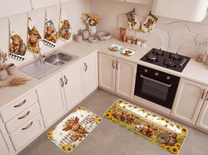 10PCS Highland Cow Kitchen Decor Set, Sunflower Towels Pot Holders Oven Mitts Mats for Home Baking Gifts