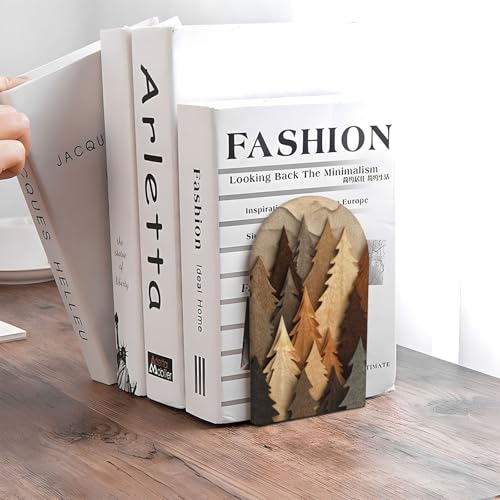 Simple Pine Trees and Mountain Shapes Bookends for Shelves 2 Pcs Wooden Book Stopper Organizer for Home Office Libraries