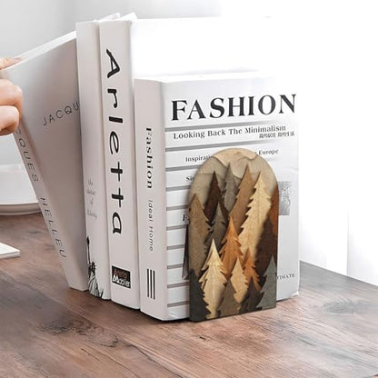 Simple Pine Trees and Mountain Shapes Bookends for Shelves 2 Pcs Wooden Book Stopper Organizer for Home Office Libraries