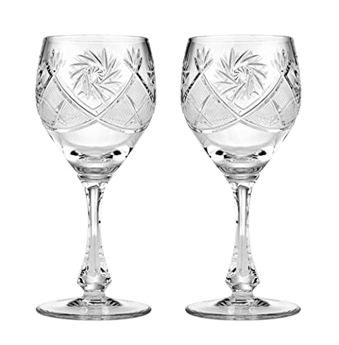 Neman Set of 2 Hand Made Vintage Crystal Classic Wine Goblets on a Stem 7.75" H, Old-Fashioned Glassware - size: Wine Glass 10.0oz