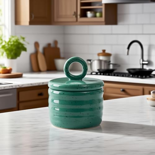 Salt Cellar Keeper with Ceramic Lid, Big Capacity Ceramic Sugar Bowls Pepper Box, Speckled Glaze Seasoning Container Condiment Pot for Kitchen (Green) - color: Green