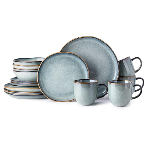 AmorArc Ceramic Dinnerware Sets for 4, 16Pcs Plates and Bowls Sets Dishes | Stoneware Handmade Reactive Glaze Dinner Set, Highly Scratch Resistant | Dishwasher & Microwave Safe Dishware - color: Ocean, size: Service for 4(16Pcs)