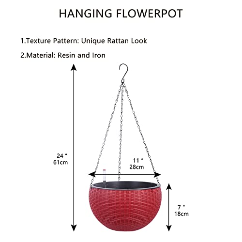 Vencer 11 Inch Round Resin Rattan Hanging Planters,Red,VF-A15-R | Self Watering,Drain Hole,Metal Chain,Water Indicator,Indoor Outdoor - color: Red