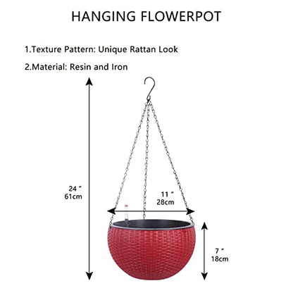 Vencer 11 Inch Round Resin Rattan Hanging Planters,Red,VF-A15-R | Self Watering,Drain Hole,Metal Chain,Water Indicator,Indoor Outdoor - color: Red