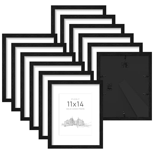 11x14 Solid Wood Frame Set of 12, Black Wood Grain Gallery Wall | Fits 8x10 Photos With Mat or 11x14 Without Mat, Black Backboard, Vertical or Horizontal Wall Mount, Tabletop, Easy Opening - color: Black Wood Grain, size: 11x14" (12 Pack)