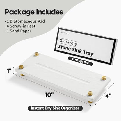 Water Absorbing Stone Sink Caddy Kitchen Sink Organizer Tray, Diatomite Bathroom Counter Tray, Gold Faucet Drying Mat Coaster Soap Dish Rack Riser Dispenser Sponge Holder, White 10" x 4" - color: 10"x 4" - White - Gold