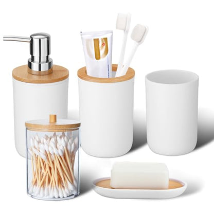Bathroom Accessories Set 5Piece White Bathroom Sets, Toothbrush Holder, Toothbrush Cup, Lotion Soap Dispenser, Soap Dish and Qtip Holder Bathroom Decor - style: White