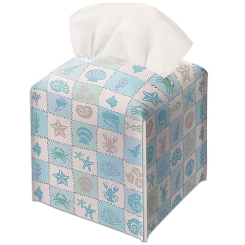 Blue Coastal Patchwork Decor Tissue Box Cover Modern Square Leather Tissue Case Holder Gifts for Women Family and Friends, Decorative Holder/Organizer for Bathroom Kitchen Nightstand Office Home - B44 - color: Blue Coastal Patchwork