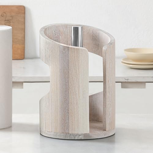 Anji Mountain Wooden Paper Towel Holder with Metal Holder, Holder Stand for Kitchen Roll Organizer & Kitchen Dining Table Home Décor, Countertop Fits Jumbo & Mega Rolls - Whitewash/Nickel, Arc Hold - color: Whitewash / Nickel