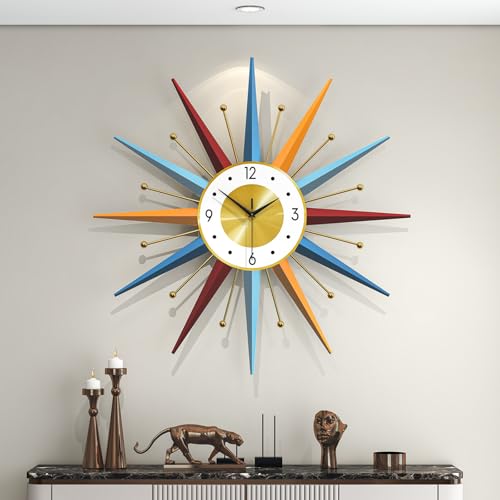 Large Starburst Wall Clock for Living Room Decor 24 Inch Metal Decorative Mid Century Wall Clcok Big Modern Silent Quality Quartz Clock Battery Operated Non Ticking for Kitchen Office Bedroom - color: Gold