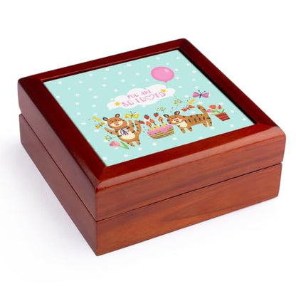 3dRose Cute Baby Wild Animals Typography On Blue Polkadots -You Are Loved Jewelry Box 7 x 7 inch with 4 inch tile