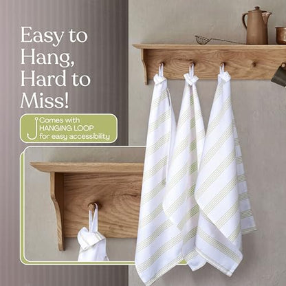 Lemon Green Stripe Kitchen Towels (12 Pack), 100% Cotton, Multi Pin Striped, Super Absorbent & Durable Dish Cloths, Quick Dry Towel Set for Drying Dishes, Everyday Kitchen Cleaning - color: Lemon Green, style: 12 Pack