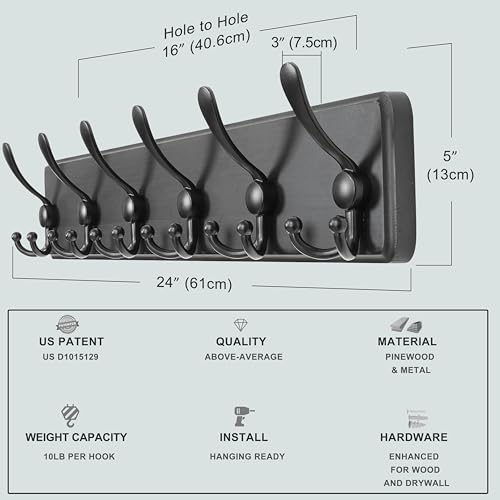 Coat Rack Wall Mounted - 24" Long 6 Tri Hooks, Heavy Duty Wooden Wall Coat Hanger Coat Hook for Clothes Hat Jacket Clothing, Black - color: Black, size: L=24"