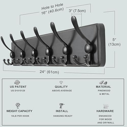 Coat Rack Wall Mounted - 24" Long 6 Tri Hooks, Heavy Duty Wooden Wall Coat Hanger Coat Hook for Clothes Hat Jacket Clothing, Black - color: Black, size: L=24"