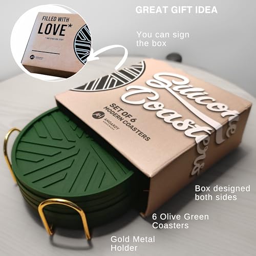 Silicone Drink Coasters, Set of 6, with Groove Patterns and Gold Holder - Olive Green - color: Olive Green