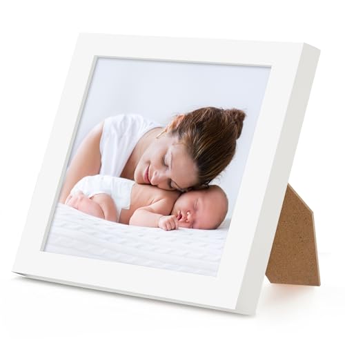 Americanflat 4x4 Picture Frame - Slim Molding - White | Shatter-resistant glass, wall or tabletop display with included easel, triangle hangers included, secure turn-tab backing - color: White, size: 4x4