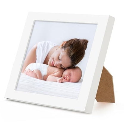 Americanflat 4x4 Picture Frame - Slim Molding - White | Shatter-resistant glass, wall or tabletop display with included easel, triangle hangers included, secure turn-tab backing - color: White, size: 4x4
