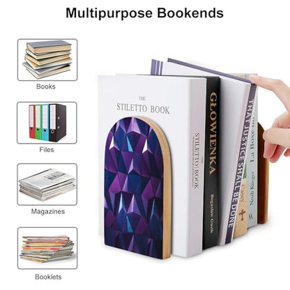 Personalized Purple Geometric Book Ends for Shelves, Large Heavy Duty Wooden Bookends with Non-Skid Metal Base Book Holder Decorative Book Stopper for Home Office Supplies 1 Pair