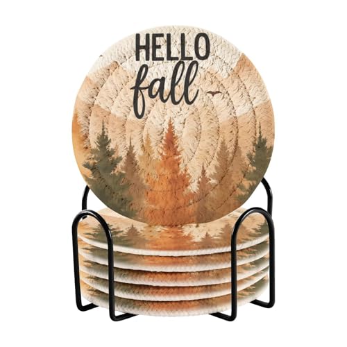 Caikeny 6 Pcs Drink Coasters with Metal Holder Maple Leaf Autumn Fall Tree Absorbent Coasters Decorative Woven Coaster Set for Coffee Table - color: Multi 10k1.41