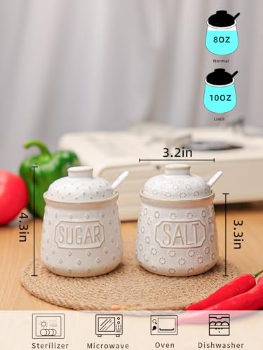 GDCZ 10 Oz Ceramic Salt and Sugar Bowls Set with Lid and Spoons (White) | Convenient Set of 2 for Kitchen, Includes Lids & Matching Spoons, 10oz Capacity, Embossed Pots - color: White