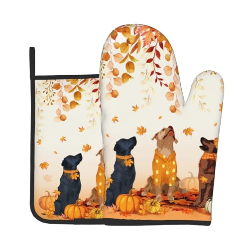 Giwawa Fall Dogs Oven Mitt Potholders Sets Autumn Leaves Heat Resistant Oven Glove Set of 2 Holiday Kitchen Hot Pads for Cooking Baking Grilling - color: Fall Dogs