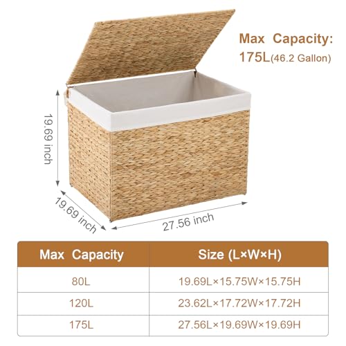 Water Hyacinth Storage Basket with Lid, 46.2 Gallon (175L) Wicker Shelf Basket with Removable Liner, Wicker Storage Basket for Blanket, for Livingroom, Bedroom, Natural - size: 27.6"L x 19.7"W x 19.7"H
